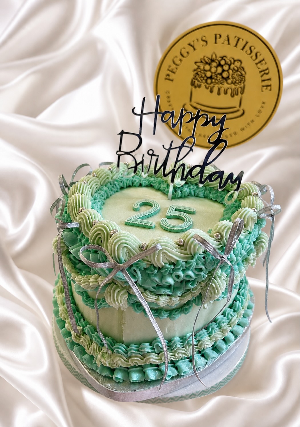 Turquoise Lambeth Heart A turquoise heart shaped cake decorated with "Lambeth" style complex piping swags, shells and ribbon bows
