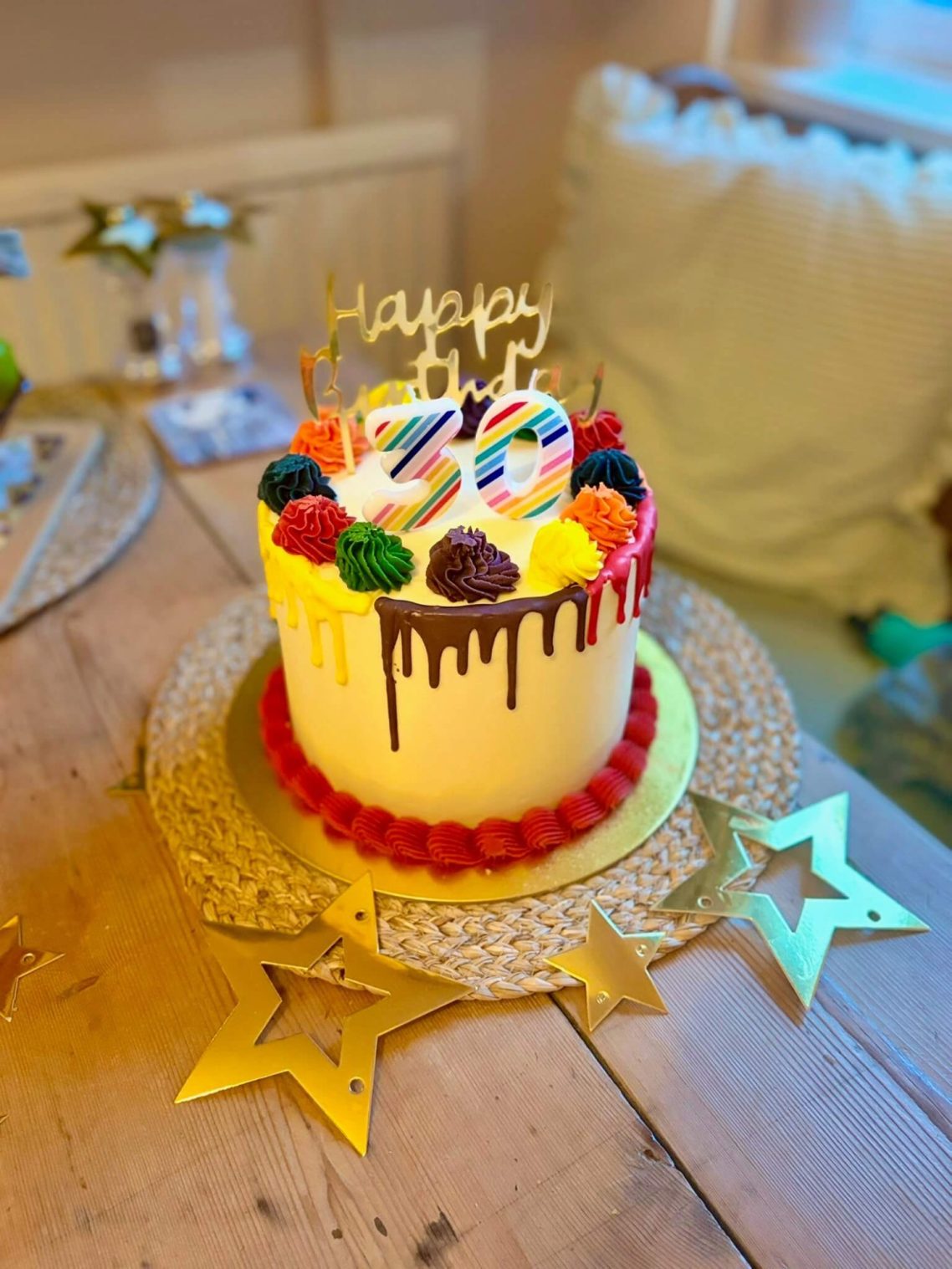 Pride 30th Buttercream cake decorated with bright pride coloured drips and piping