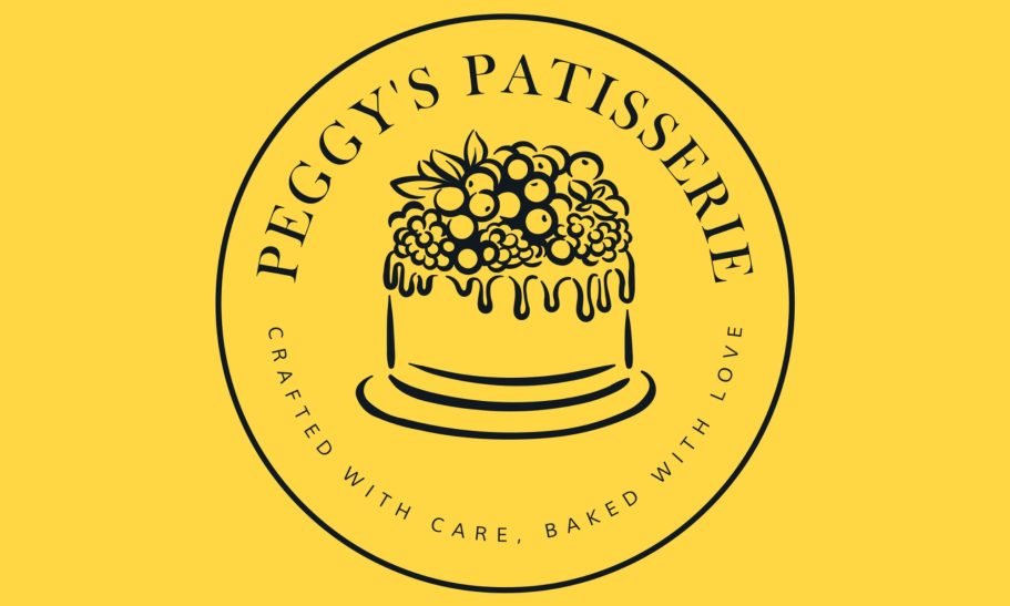 Peggy's Patisserie logo encircled against yellow background