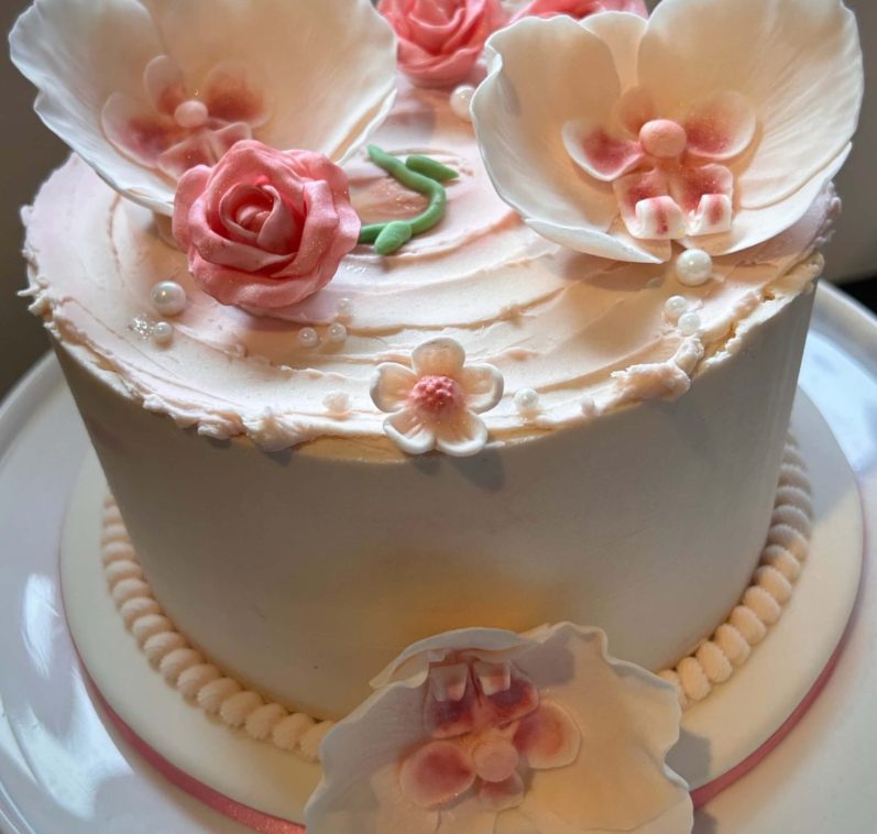 Edible elegance sugar flower and pearl topped pink cake Edible elegance sugar flower and pearl topped pink cake