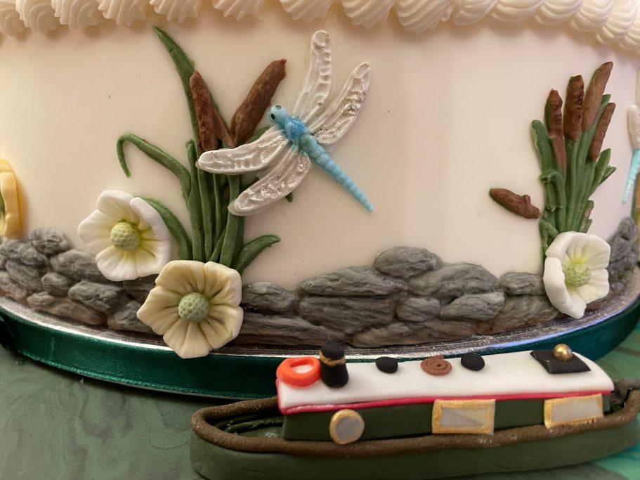 Narrow boat and riverside themed cake Narrow boat and riverside themed cake