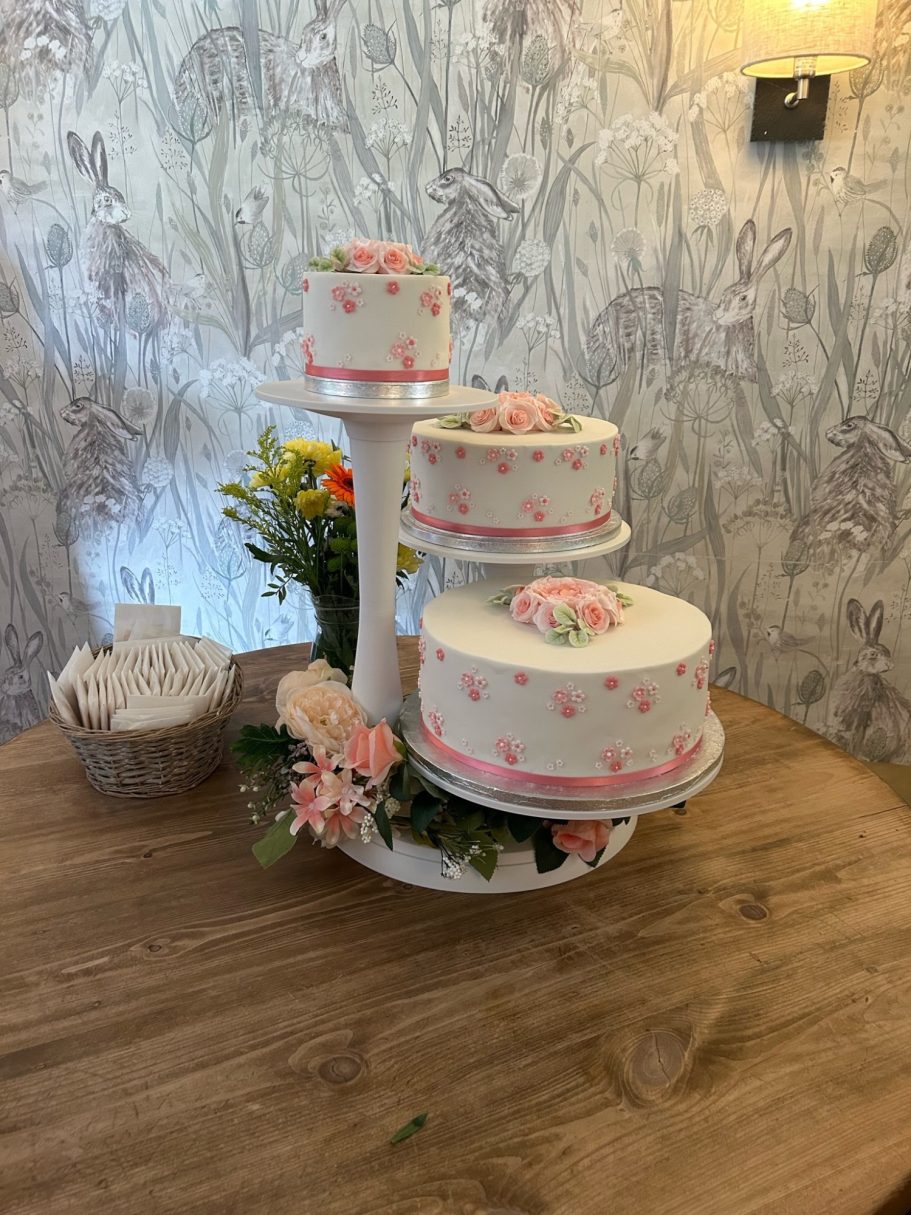 Elegant peony & daisy sugar flower decorated three tier wedding cake Elegant peony daisy sugar flower three tier wedding cake